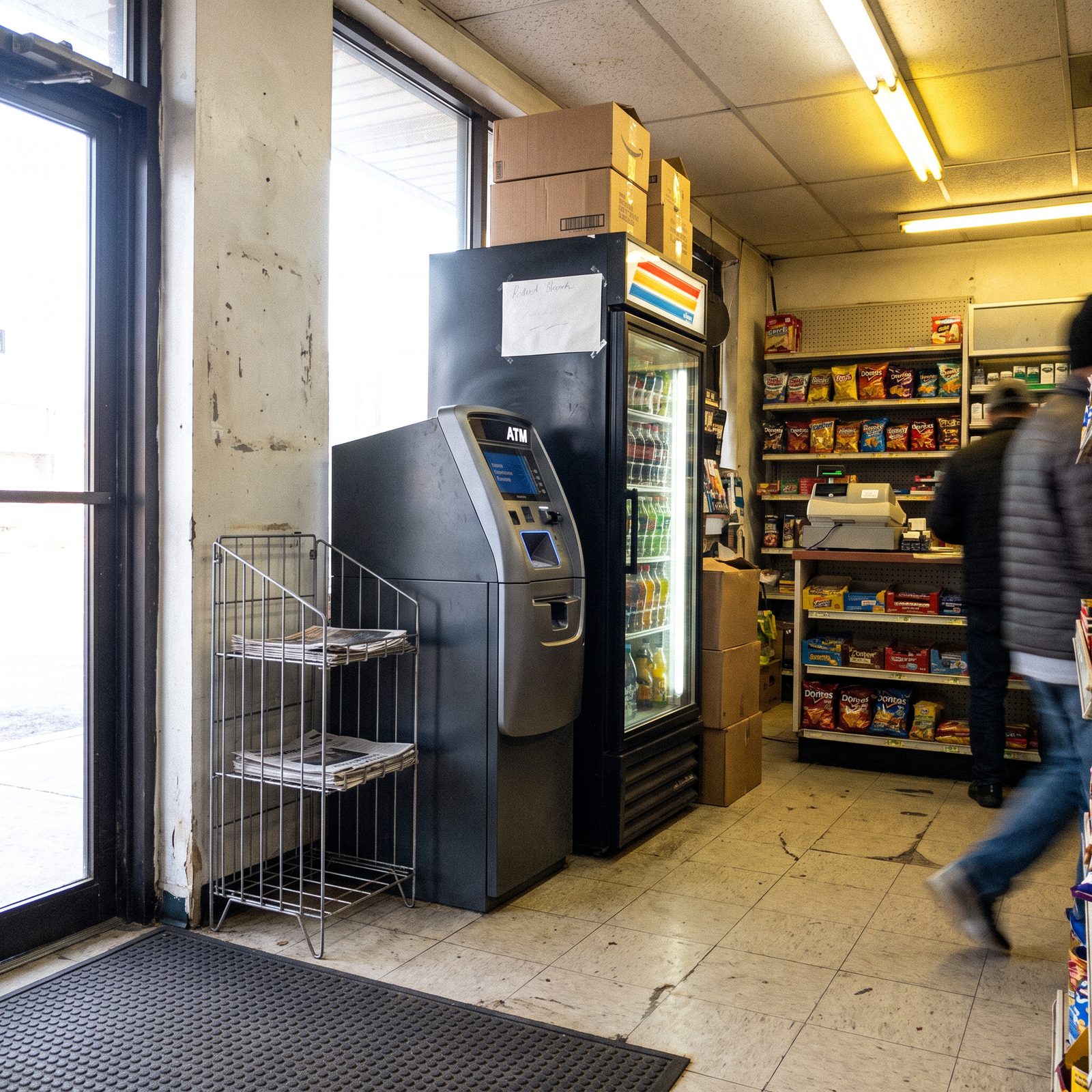 Cajero automático de FPE instalado dentro de una tienda de conveniencia, junto al refrigerador de bebidas y los estantes de botanas
