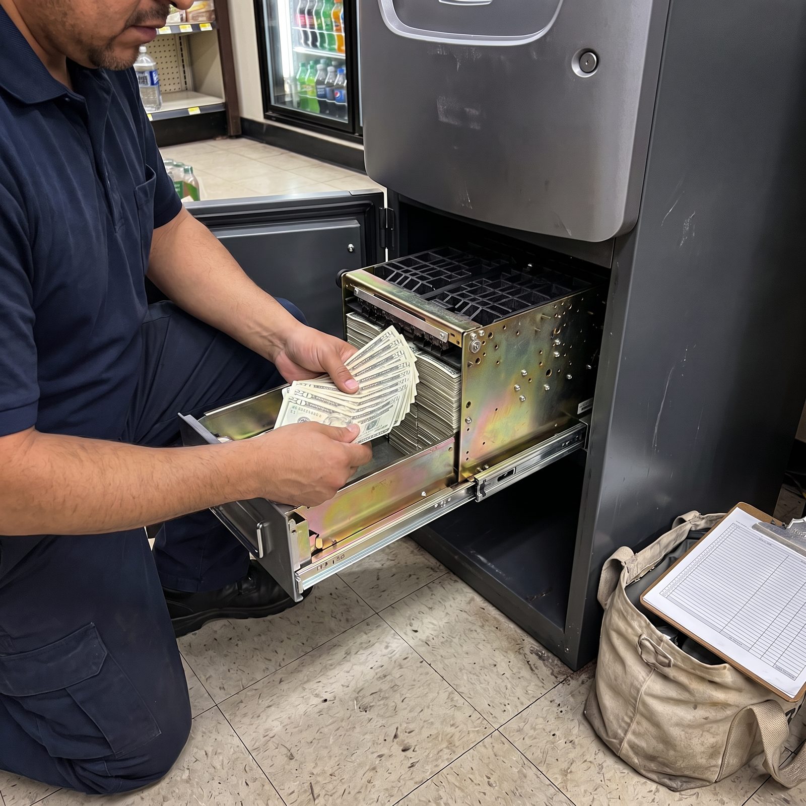 FPE technician loading cash into the cassette of an ATM inside a store