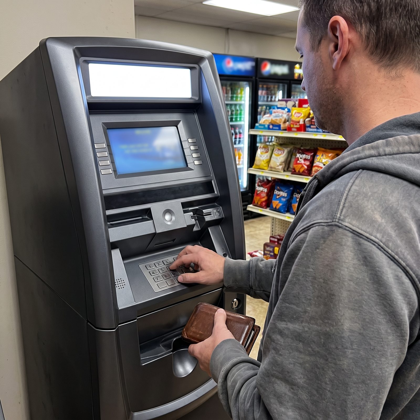 A customer withdrawing cash from an FPE ATM inside a store