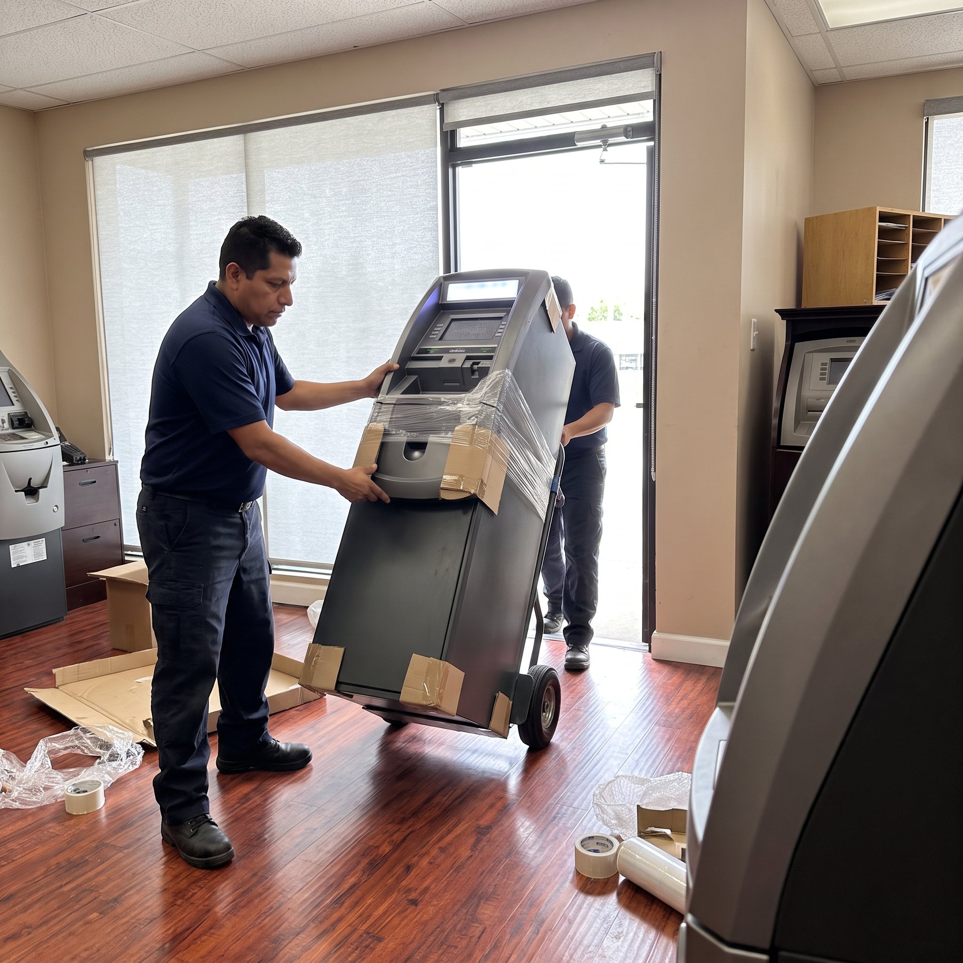 FPE technicians moving an ATM into a business on a dolly