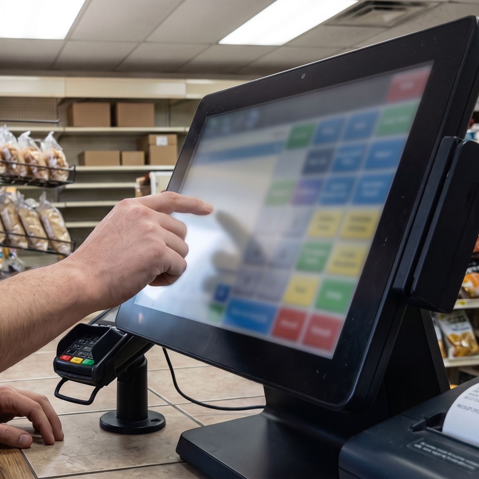 A cashier tapping a touchscreen POS system at a convenience store counter, with a card reader beside it