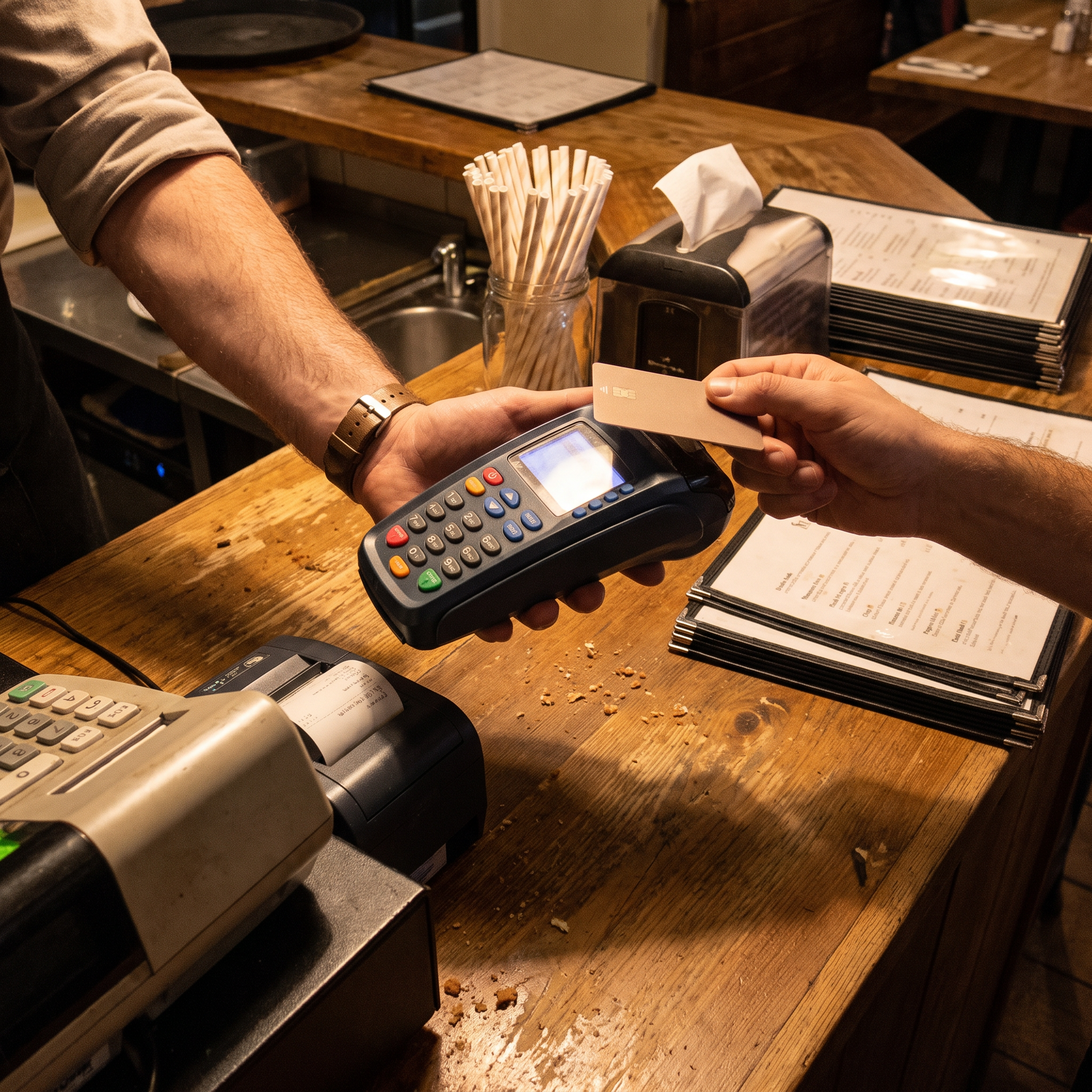 Un cliente pagando con tarjeta en una terminal de mostrador